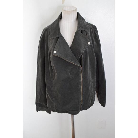 J. Jill Moto Jacket 2X Cotton Corduroy in Khaki Green Gray Asymmetrical Zip - Picture 1 of 5